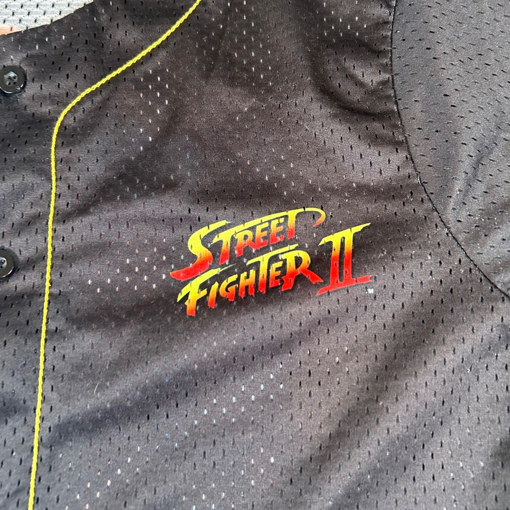 Street Fighter II Baseball Jersey Mens Medium Black White Graphic Mesh Button Up - Picture 2 of 13